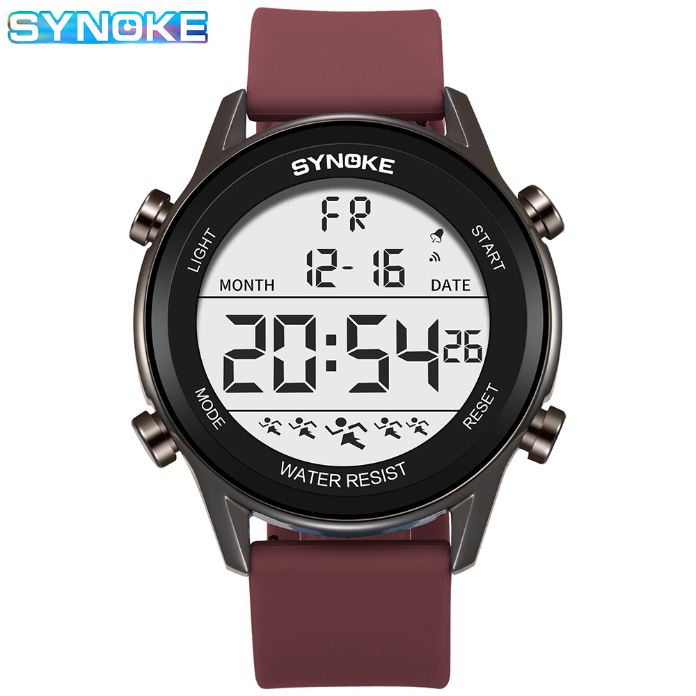 SYNOKE-Reloj de silicona para hombre, cronógrafo multifuncional, resistente al agua, pantalla grande, luminoso, LED, Digital, para deportes al aire libre: Rojo