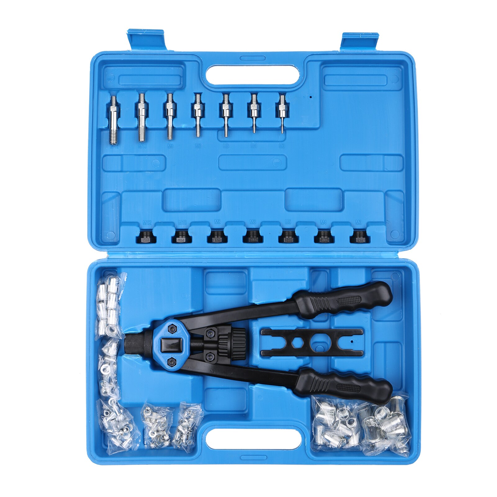 110Pcs Hand Rivet Nut Tool Rivet Nut Setter Kit with 100pcs Assorted Rivet Nuts 7 Metric Mandrels of M3/M4/M5/M6/M8/M10/M12