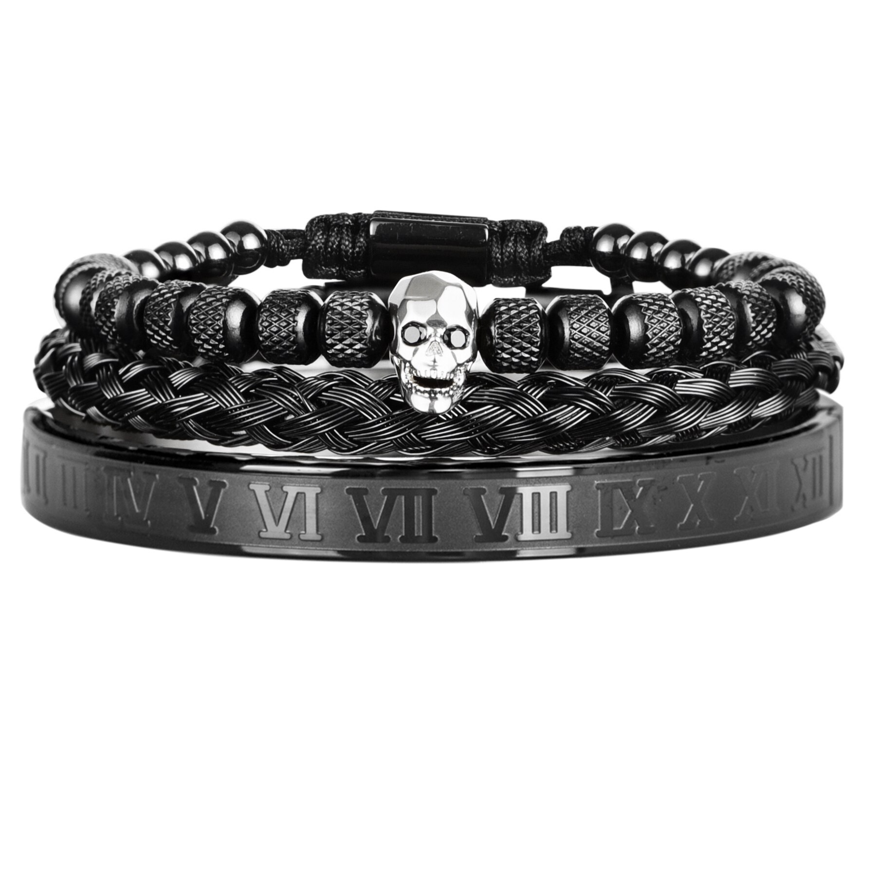 Conjunto de 3 unids/set de pulseras de acero inoxidable para hombre, Set de 3 unids/set de brazaletes con de Calavera, Oro Negro, esmalte, número romano, joyería europea para parejas: Black Silver Skull
