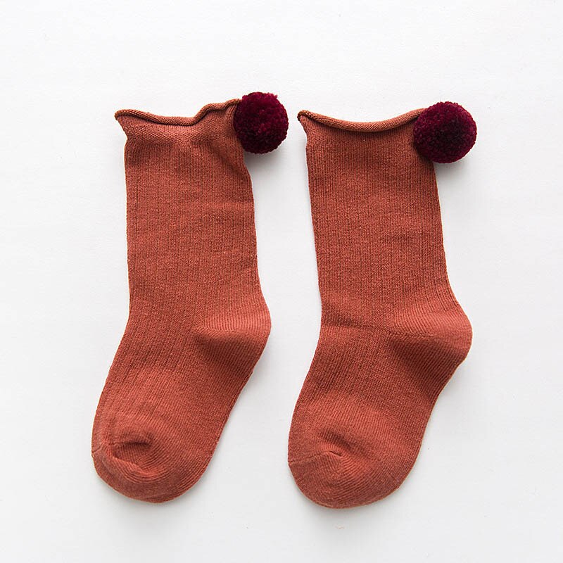 Leuke Pompom Kids Baby Sokken Cotton Baby Baby Meisje Sokken Kinderen Peuter Knie Hoge Vloer Sokken Sokken Meia Infantil Calcetines: dark red