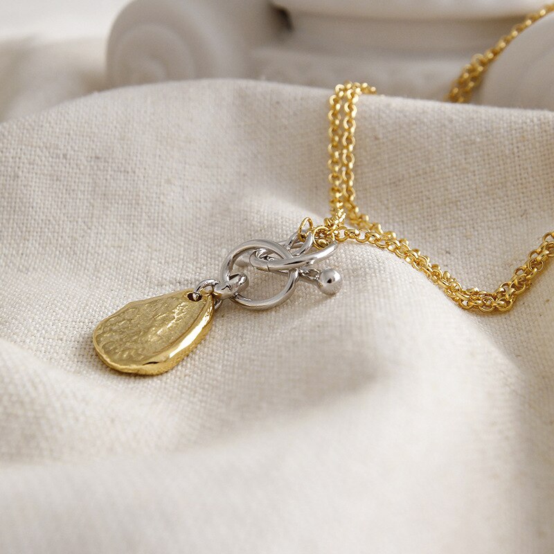 Asinlove Real 925 Sterling Zilveren Ketting Onregelmatige Concave-Convexe Gehamerd 18K Gouden Hanger Ketting Persoonlijkheid Vrouwen Sieraden