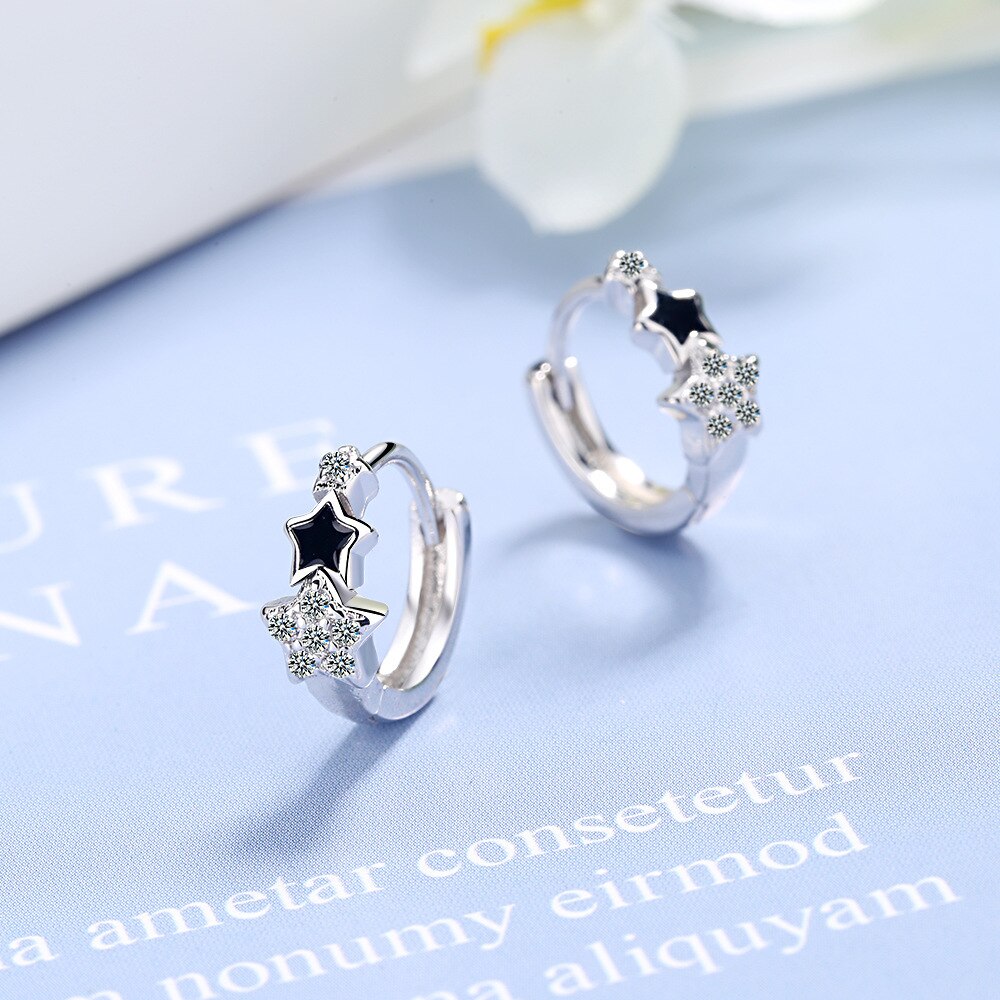 Pendientes tipo botón de plata fina 925, pendientes de de estrellas negro para mujer, joyas de plata de Corea, novedad