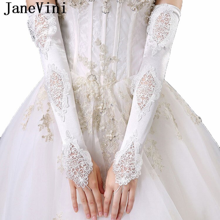JaneVini Fingerless Long White Wedding Gloves for Bride Satin Lace Opera Length Bridal Gloves Women Party Hand Gloves