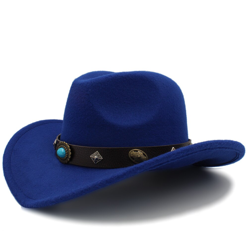 100% lana Sombrero de Cowboy del oeste para hombres Otoño Invierno Jazz ecuestre Sombrero Hombre Steampunk Sombrero tamaño de tapa 56-58cme: Blue