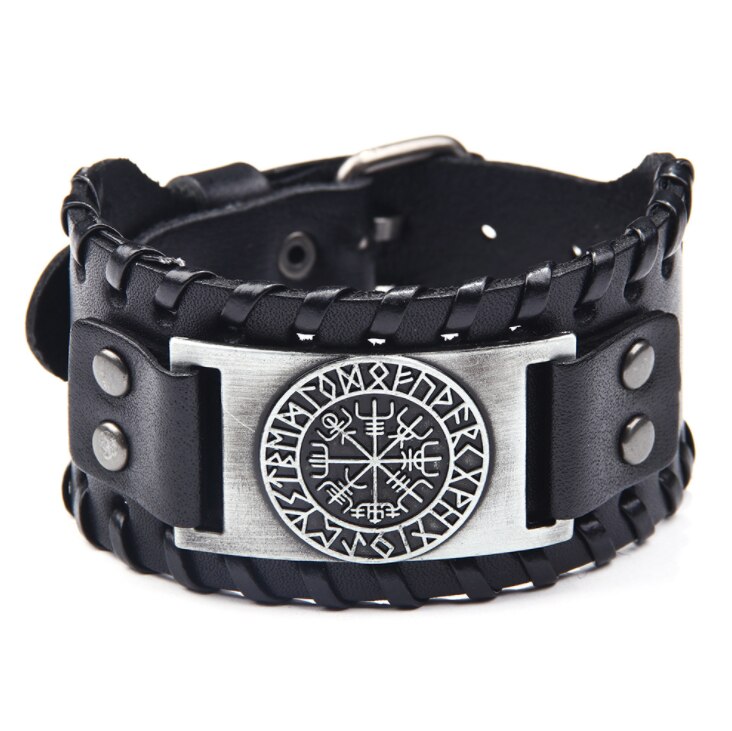 Nordic Vintage Kompas Talisman Viking Armband Punk Lederen Verstelbare Pols Wrap Armband Voor Mannen Boy Biker Sieraden: Silver