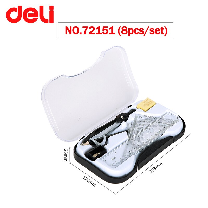 DELI – ensemble de géométrie boussole, 7/8 pièces, modèle de dessin de cercle, rapporteur de carrés en métal et plastique, règle de géométrie mathématique