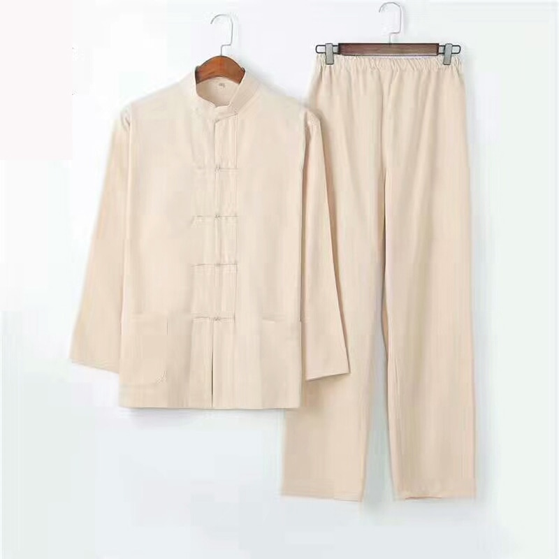 Mannen Effen Kung Fu Pak Chinese Traditionele Mannelijke 100% Katoen Losse Tai Chi Sets Jas + Lange Broek 2pc