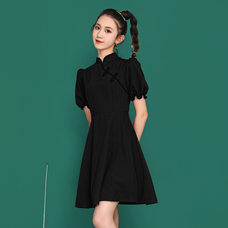 Robe Qipao traditionnelle chinoise Cheongsam, tenue traditionnelle pour femme, Style moderne, Vintage, robe Hanfu à manches courtes, été décontracté: Black / M