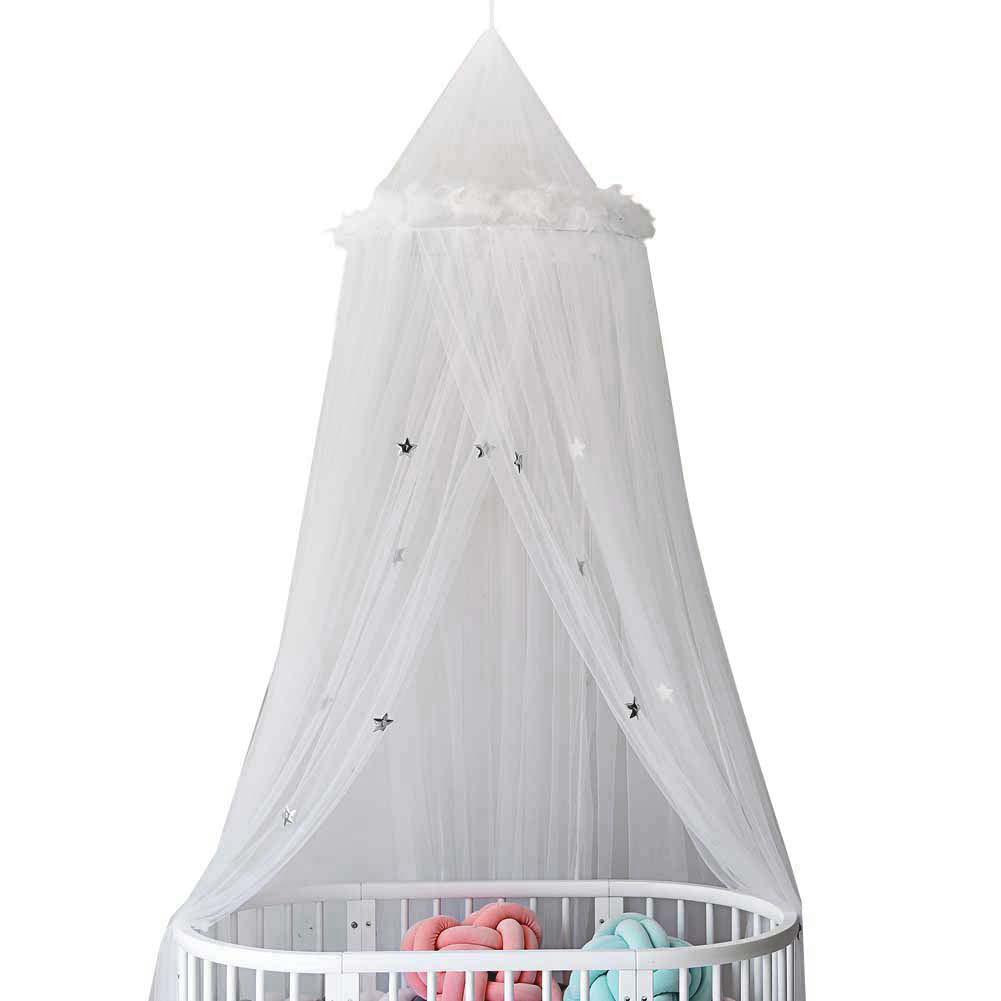 Moustiquaire en forme de dôme pour chambre d&#39;enfants, rideau décoratif avec plumes et étoiles, tente de jeu pour lit de princesse: White