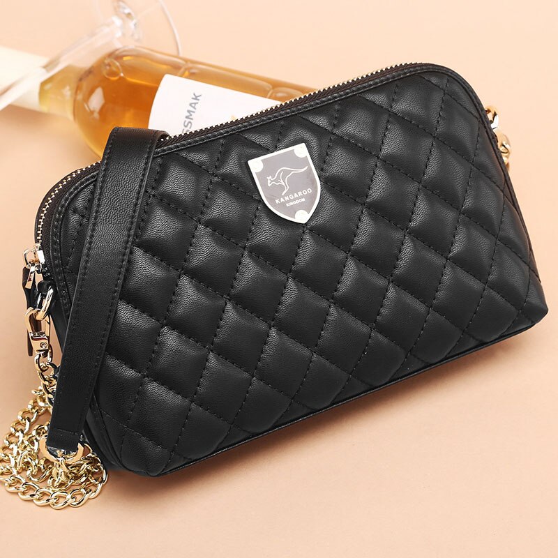 Kangaroo Kingdom Pu Leather Women Bag Plaid Small Women Messenger Bags: Black