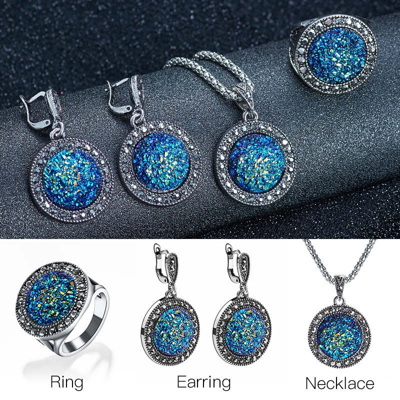 MISANANRYNE Vintage Schwarz Edelstein Schmuck Set Frauen Schmuck Set Antike Silber Kristall Runden Stein Anhänger Halskette Sets