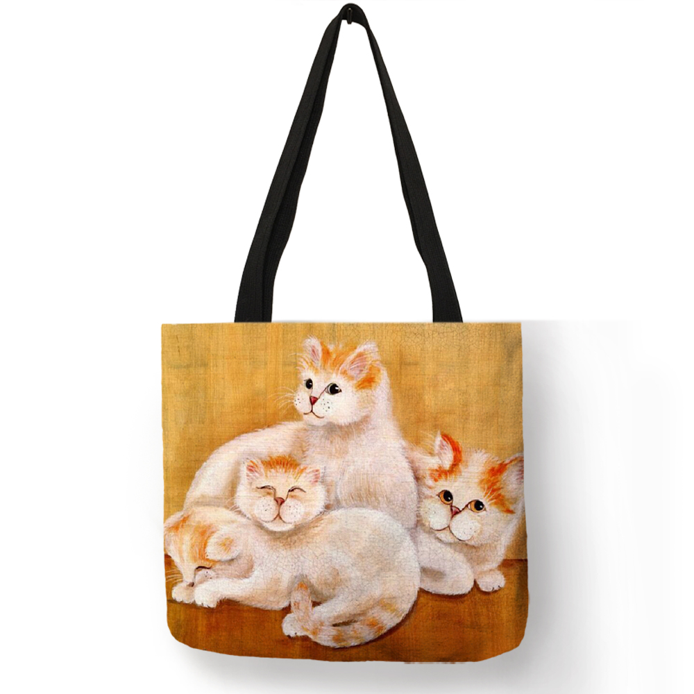 Eco Linnen Herbruikbare Boodschappentas Met Olie Kat Schilderen Vrouwen Mode Tote Bag Handtassen Student Reizen Schooltassen: 009