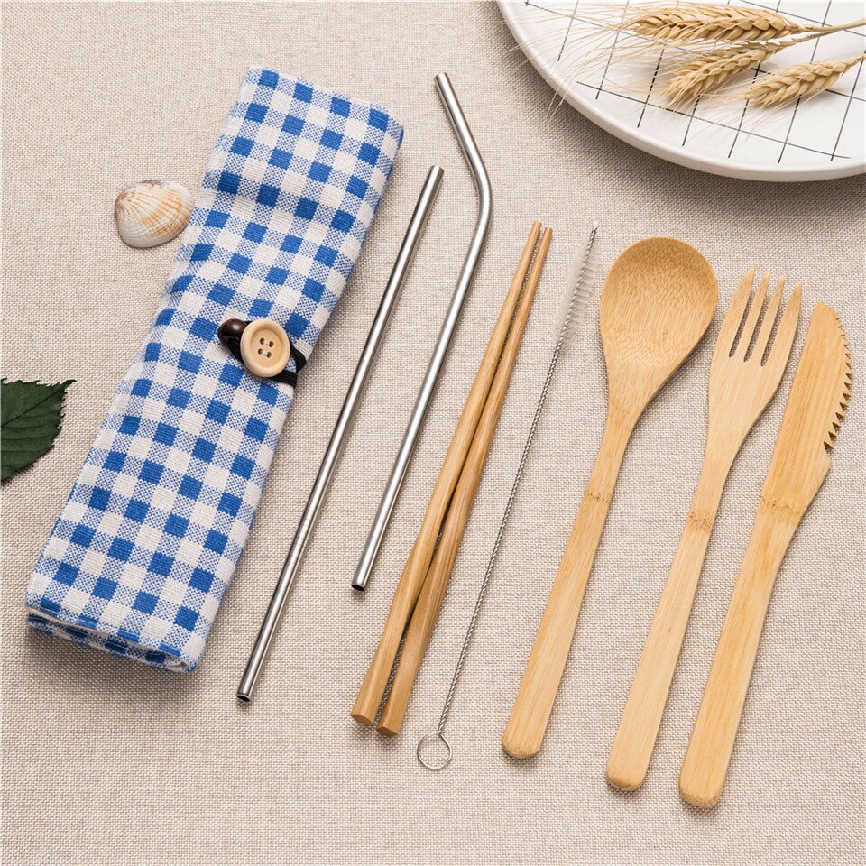 Hout Bestek Servies Vork Lepel Mes Tandenborstel Eetstokjes met Bestek Zak Draagbare Bestek Reizen Bestek Set: 7pB