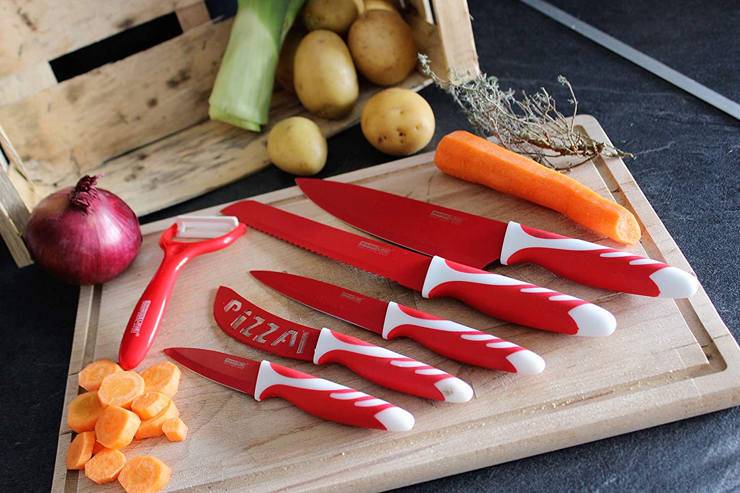 Juego set de cuchillos de cocina, conjunto de cuchillos profesionales, 5 cuchillos de acero inoxidable y 1 cuchillo pelador de verduras