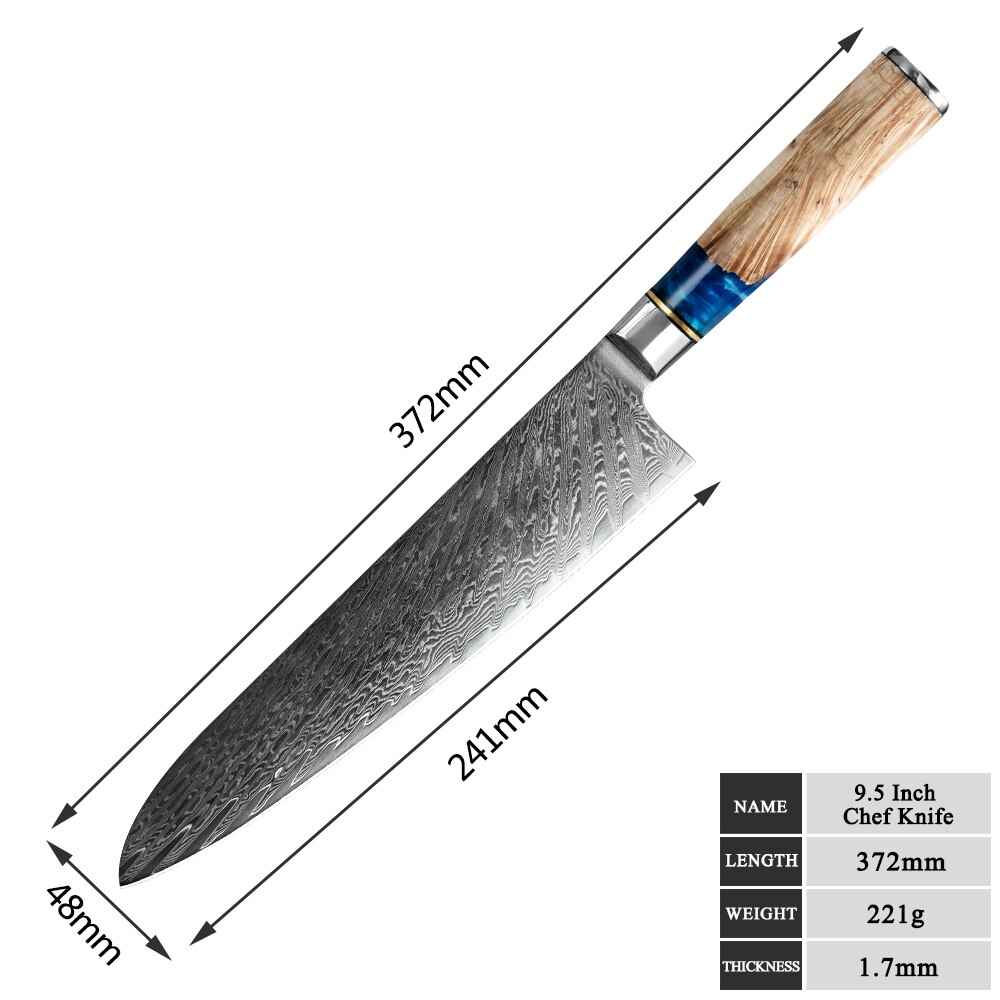 Damascus Steel Butcher Kitchen Chef Knives Set Chopper Meat Chopping Knife Resin Color Wood Handle Cutter Chopper Slicing Tools: 9.5 inch chef
