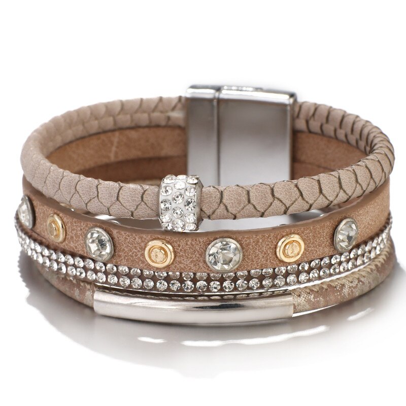 Flashbuy Vintage Crystal Leather Bracelets For Women Rhinestone Alloy Multilayer Wrap Boho Female Bangles: Brown Bracelets