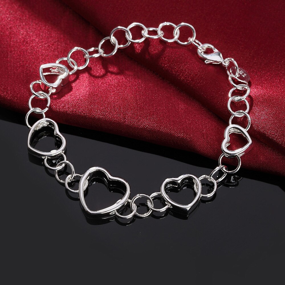 925 en Argent Sterling Manchette Coeur Perles Chaîne Bracelet À Breloques Pour femmes 20cm pour adolescent Filles Dame Femmes Bijoux