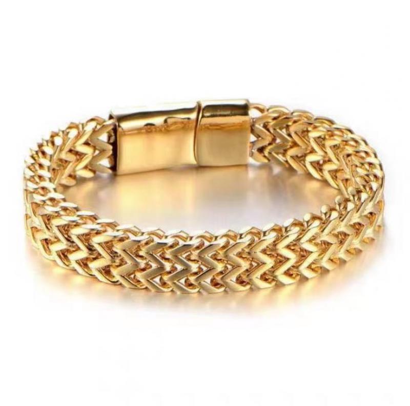 Pulseira cubana de fileira dupla de aço inoxidável com fecho magnético de metal para homens moda casual esportes motociclista joias presente: 23cm / Dourado