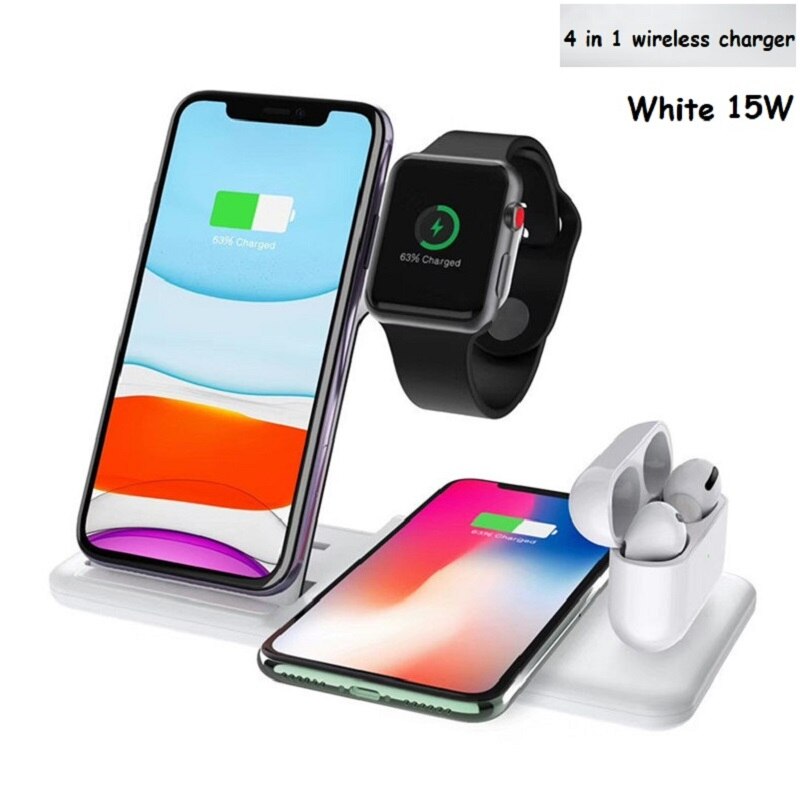 4 In 1 Draadloze Oplader Stand Qi Opladen Dock Station Opvouwbare Reizen Business Voor Iphone 11 Xr X 8 Apple horloge Airpods Iwatch: White