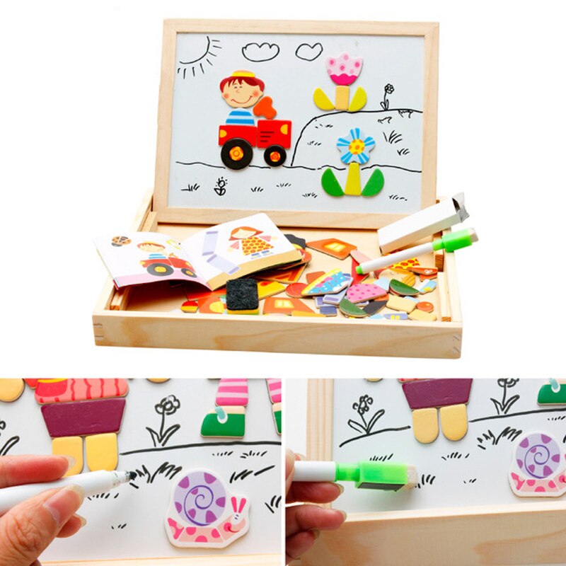 Wooden Kids Educational Learning Toys Magnetic Easel Double Side Dry Erase Board Puzzles Jigsaw Game Toys for Boys Girls