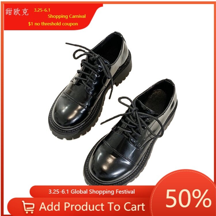 Oxford – chaussures classiques à semelle ronde pour femmes, Brogue noires, plates à lacets, décontractées, à semelle épaisse en Pu, printemps