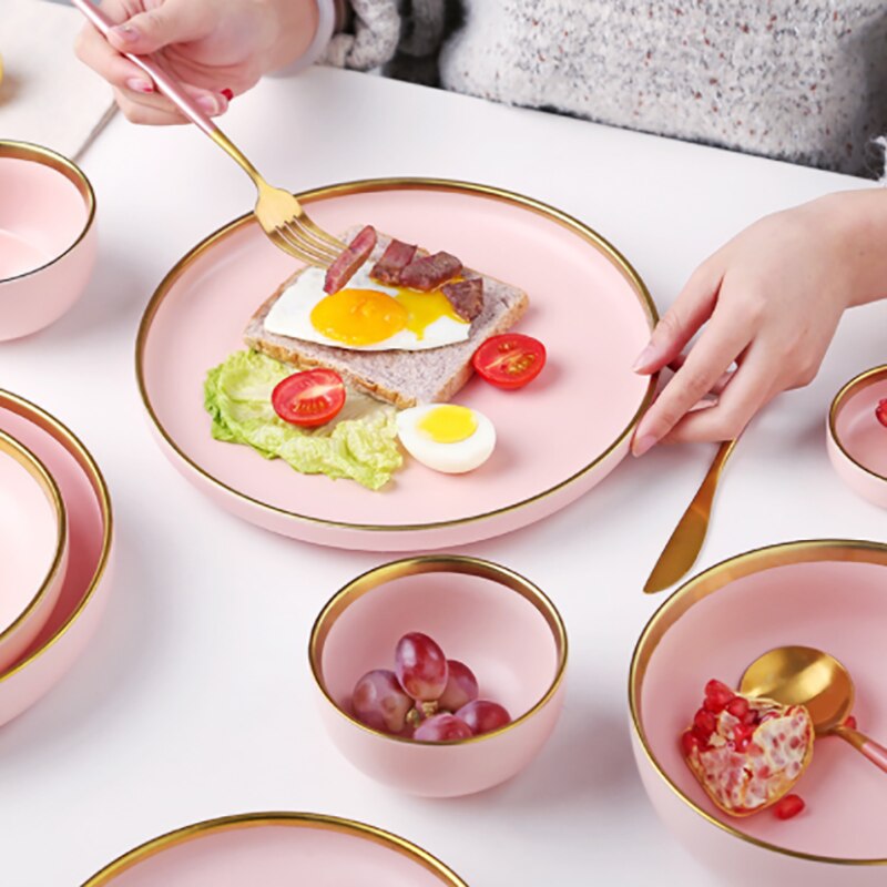 Pink/blå keramik guld indlæg tallerken sæt bøf mad tallerken nordisk stil komplet bordservice skål fad porcelæn spisestel sæt