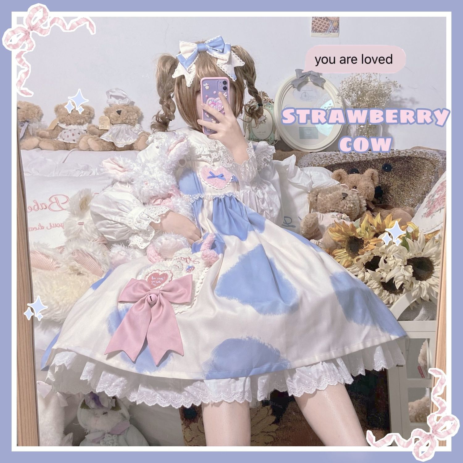 Hstar Pink Lolita Kawaii Milk Cake Cow Print Lolita Dress Jsk Japanese Tea Party Lolita Daily Princess Dress Multiple Colors: Blue Sleeveless