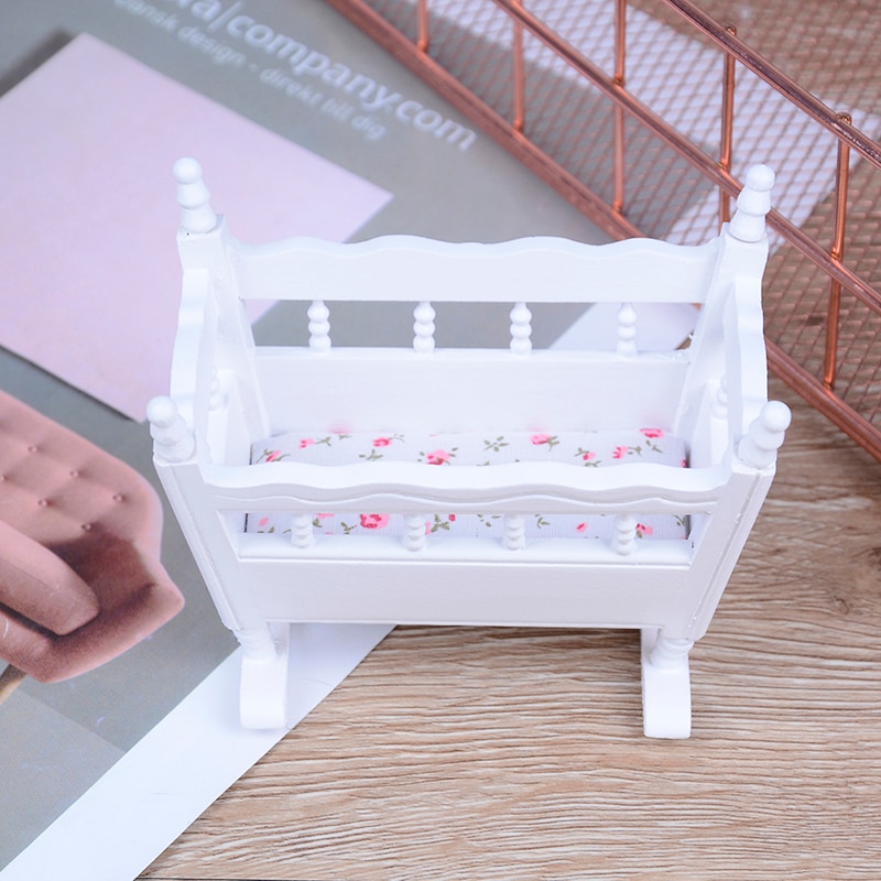 Mini White Wooden Furniture Crib For Baby Cradle Children Room Doll House 1:12 Miniature