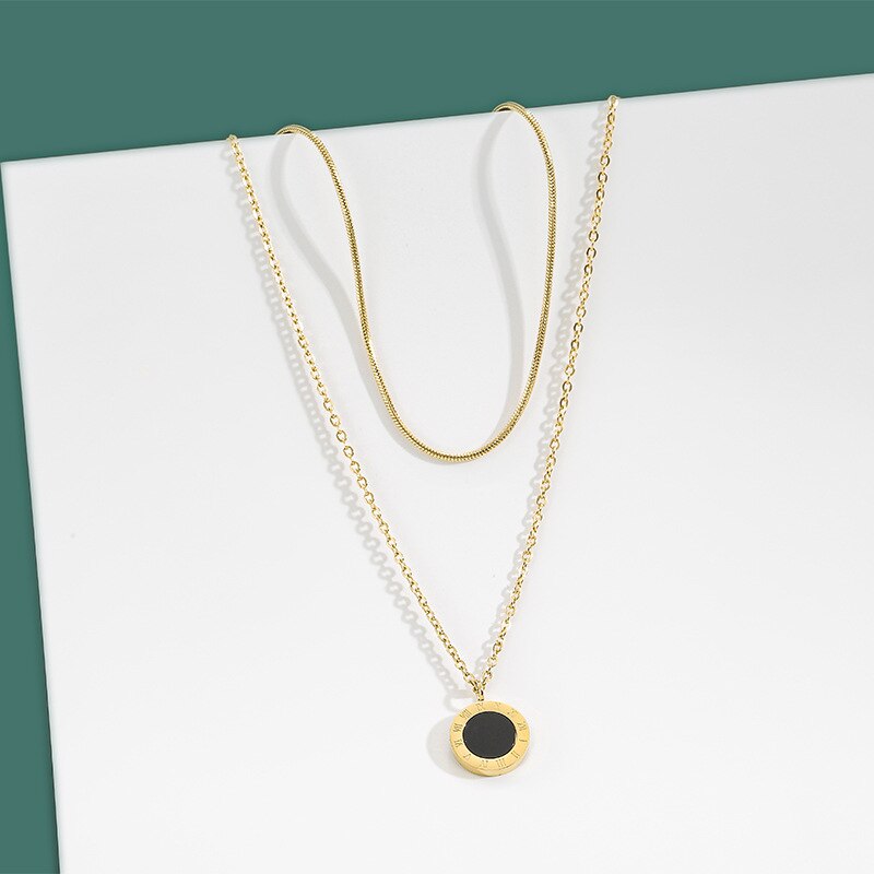 316L Stainless Steel Upscale Jewelry 2 Layer Round Roman Numerals Charms Chain Choker Necklaces Pendants For Women