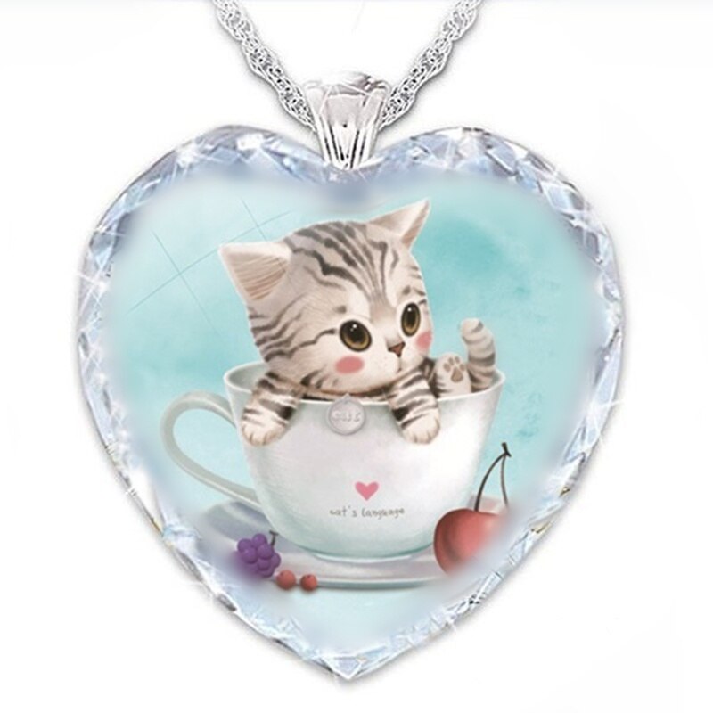 15 Popular Cat and Dog Heart-Shaped Cat and Dog Crystal Glass Pendant Necklaces for Women&#39;s Party Accessories On The Neck: 319