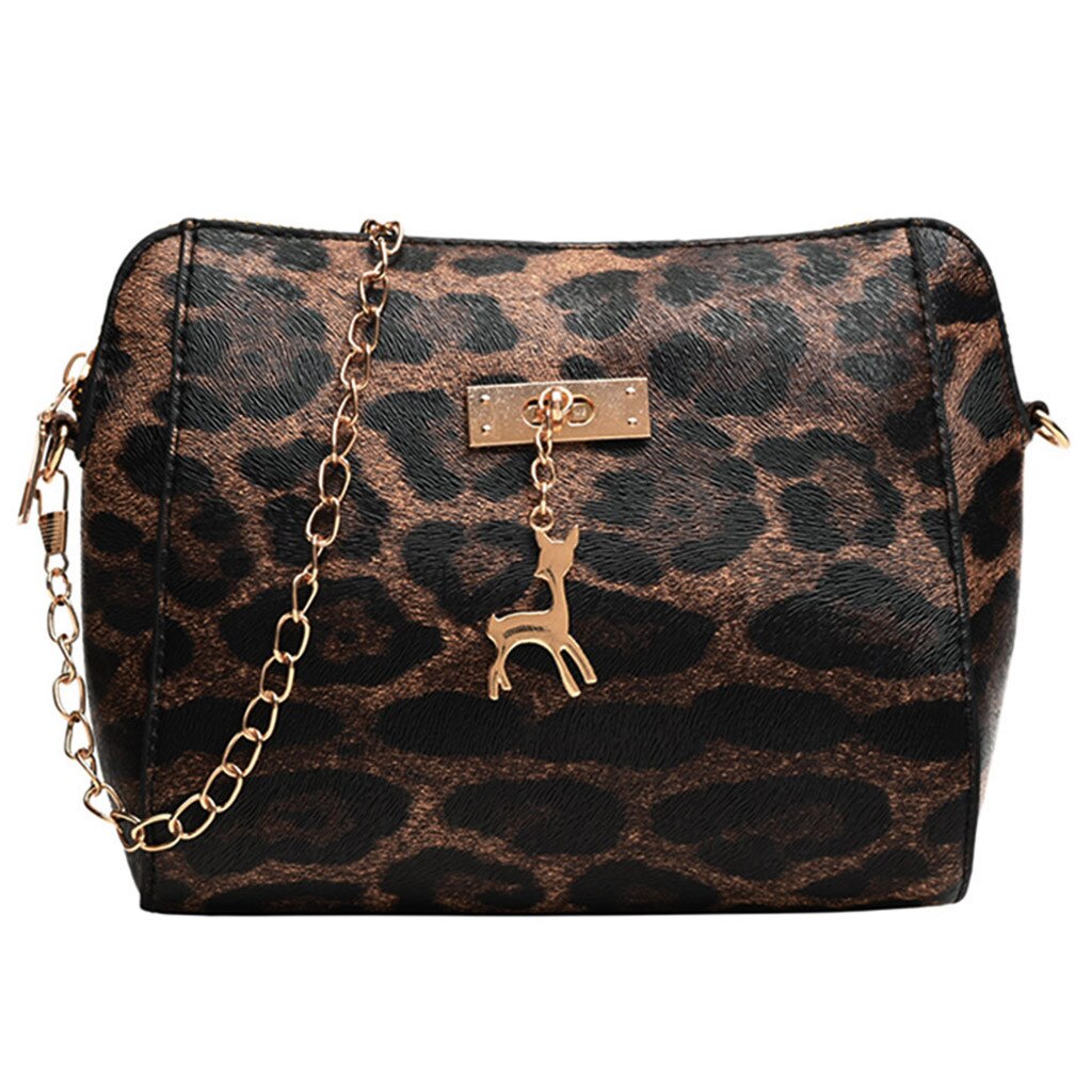 Bandolera con estampado de leopardo para mujer, bolso de mano con colgante de cervatillo, bandolera de concha,: Marrón