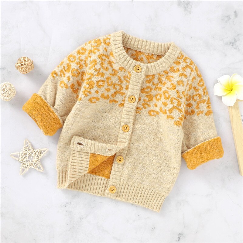 Dzieci wzór w cętki sweter płaszcz z długim rękawem O-szyja przycisk-w górę sweter dziergany dziewczynek topy na jesień zima