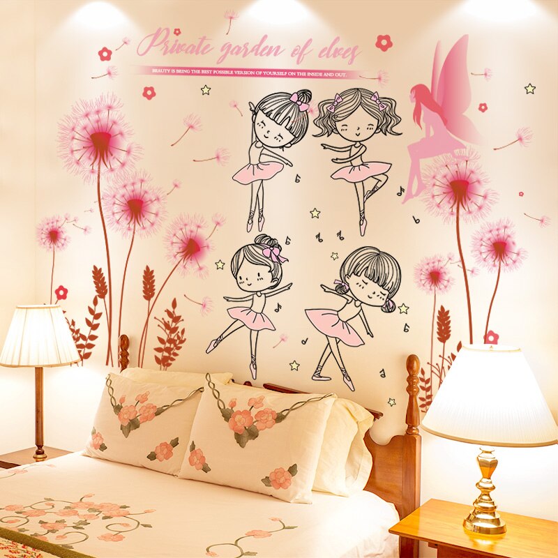 Shijuekongjian-pegatinas de pared para bailarina de Ballet, calcomanías de pared de plantas con flores, para habitación de niños, dormitorio de bebé, Decoración de casa: girl and flower 1