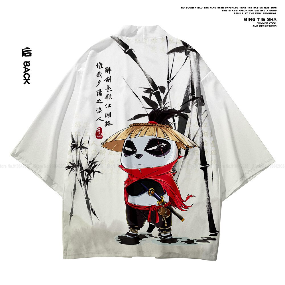 Hommes Style chinois décontracté en vrac Panda imprimer vestes route robe Kung Fu Tang costume japonais Kimono Haori Cardigan chemises manteau pantalon