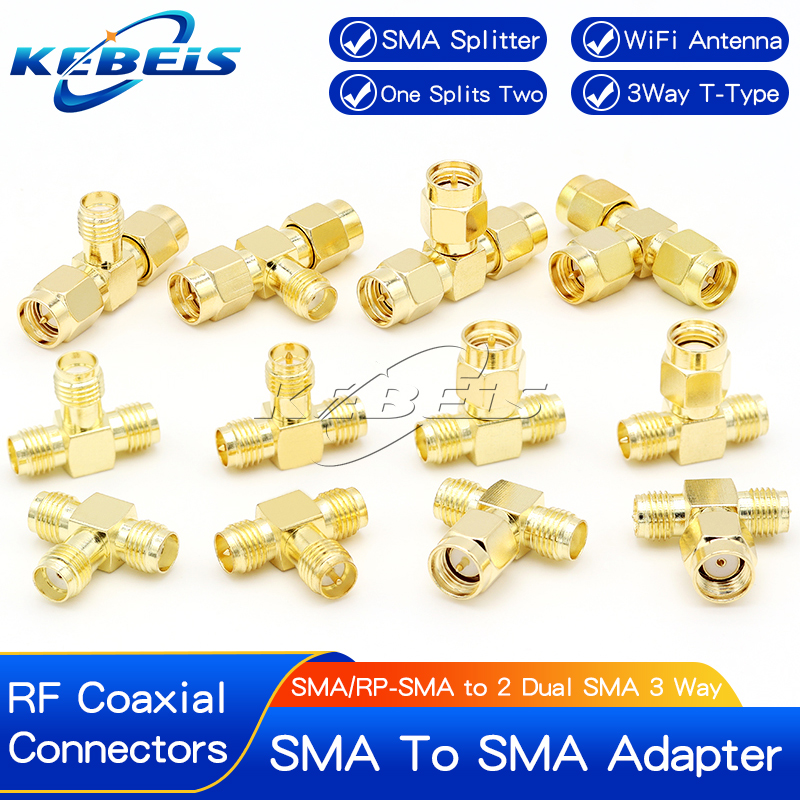 2pcs SMA Splitter Connector SMA/RP-SMA Male to 2 Dual SMA Female Triple Tee Adapter SMA Connector 3 Way T-Type Antenna Converter