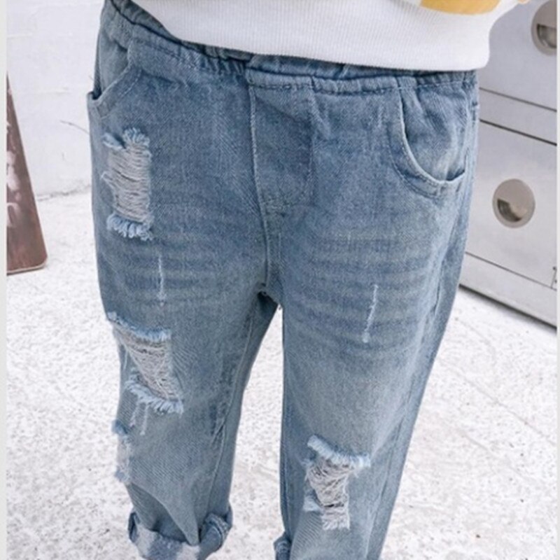 Dfxd lente kinderkleding kinderjeans broeken lange losse gescheurde denim broek babymeisjes jongens elastische taille broek 2-7 jaar