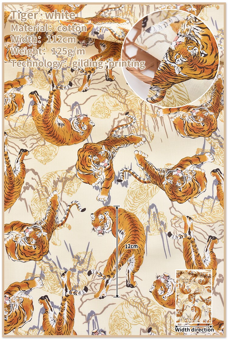 Bomuldsstof tiger mønster japansk stof håndlavet diy stof bomuldstrykt kimono stof: Hvid