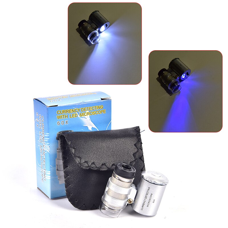 60x minimikroskop juveler lupe linse belyst lup glas 3 led med uv lys