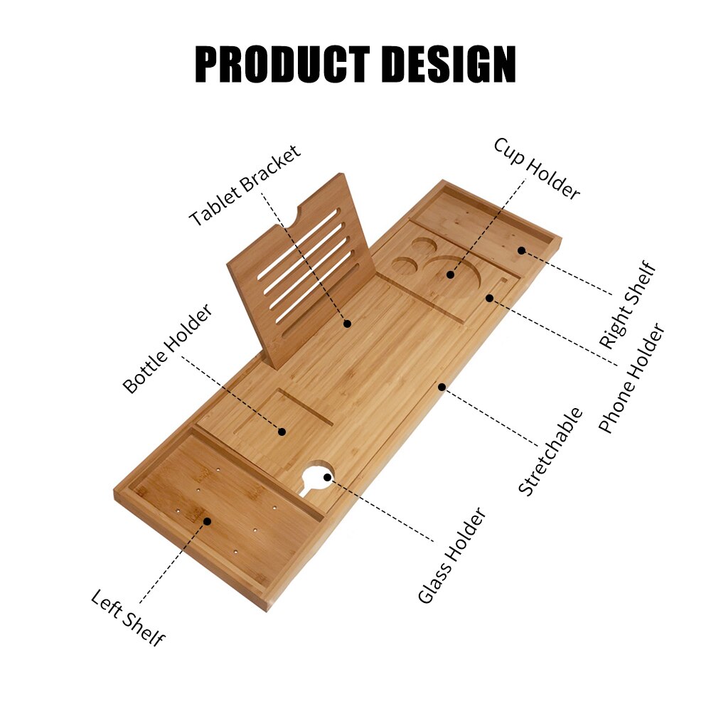 Bathtub Caddy Tray Spa Bathtub Caddy Organizer Book Wine Tablet Holder Reading Rack Nonslip Bottom Extendable Sides