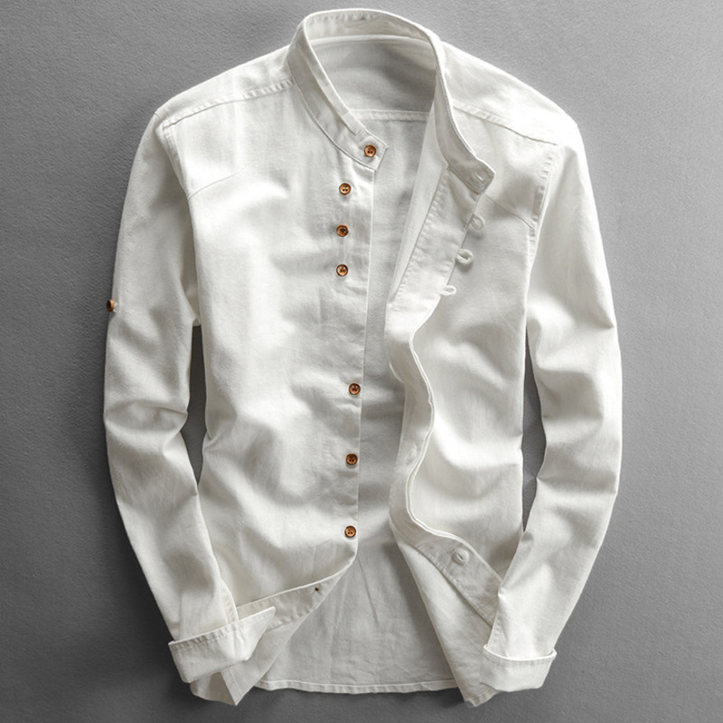 Camisa de algodón y lino de estilo japonés para hombre, Tops clásicos transpirables informales ajustados de manga larga con cuello levantado Harajuku de Color sólido para hombre: 5 XL / Blanco