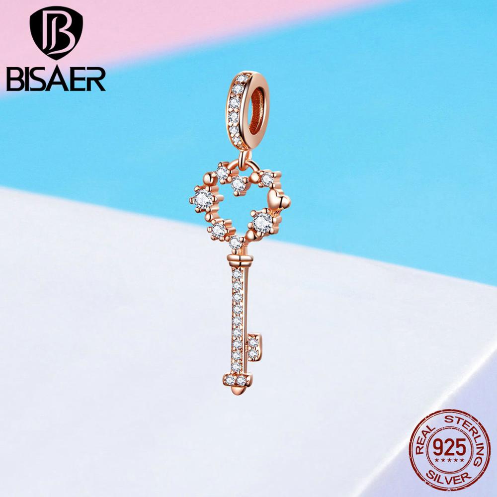 BISAER réel 925 argent Sterling clé serrure de coeur breloques rose CZ coeur perles ajustement pour les femmes Bracelet bijoux à bricoler soi-même faisant ECC772