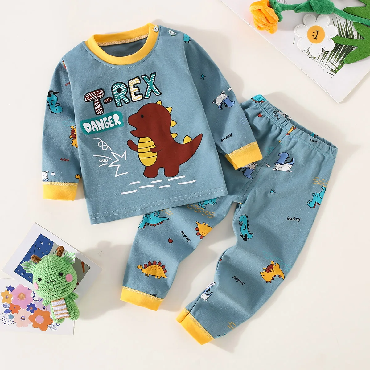 Ondergoed voor peuterjongens, katoenen letters en beerpatroon, top met lange mouwen en bijpassende broek, pyjamaset: Blauw / 10