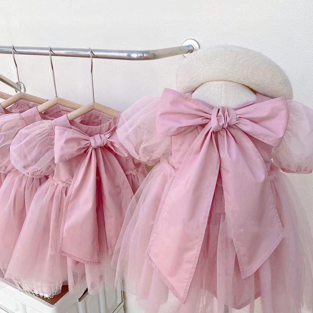 2098C Zomer 2022 Meisje Kleding Super Fee Prinses Jurk Koreaanse Kinderen Jurk Boog Losse Mesh Mouw Meisje Prinses jurk