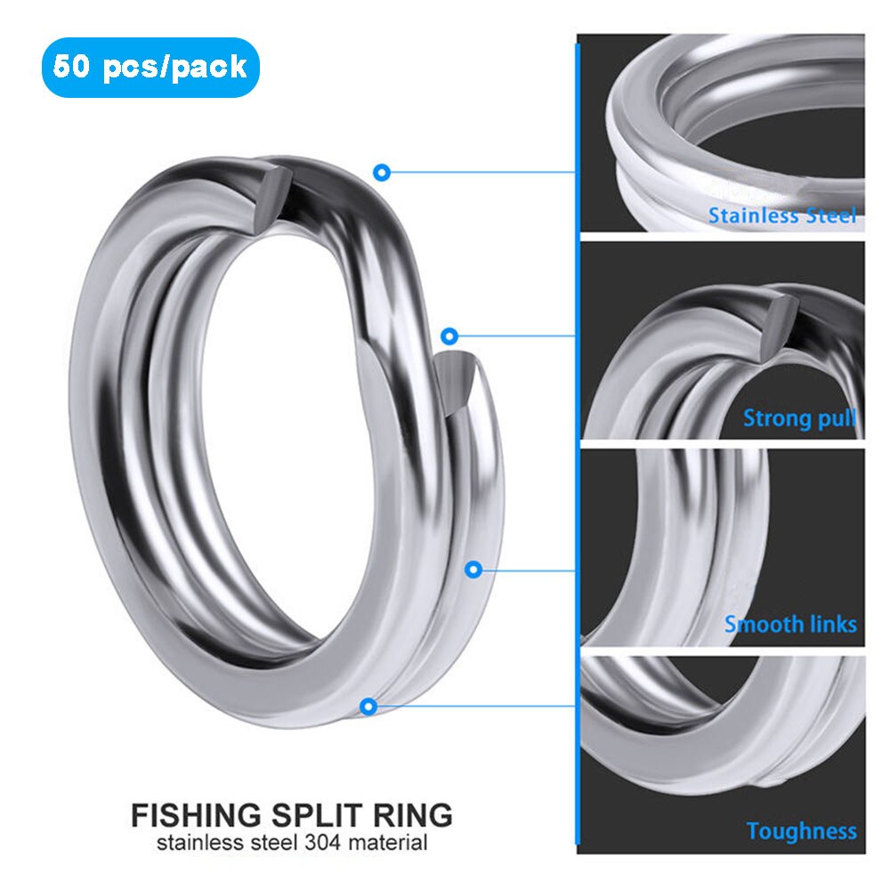 50 st fiskeringar delade ringar i rostfritt stål förstärker solida ringdrag förbindande ringfisketillbehör