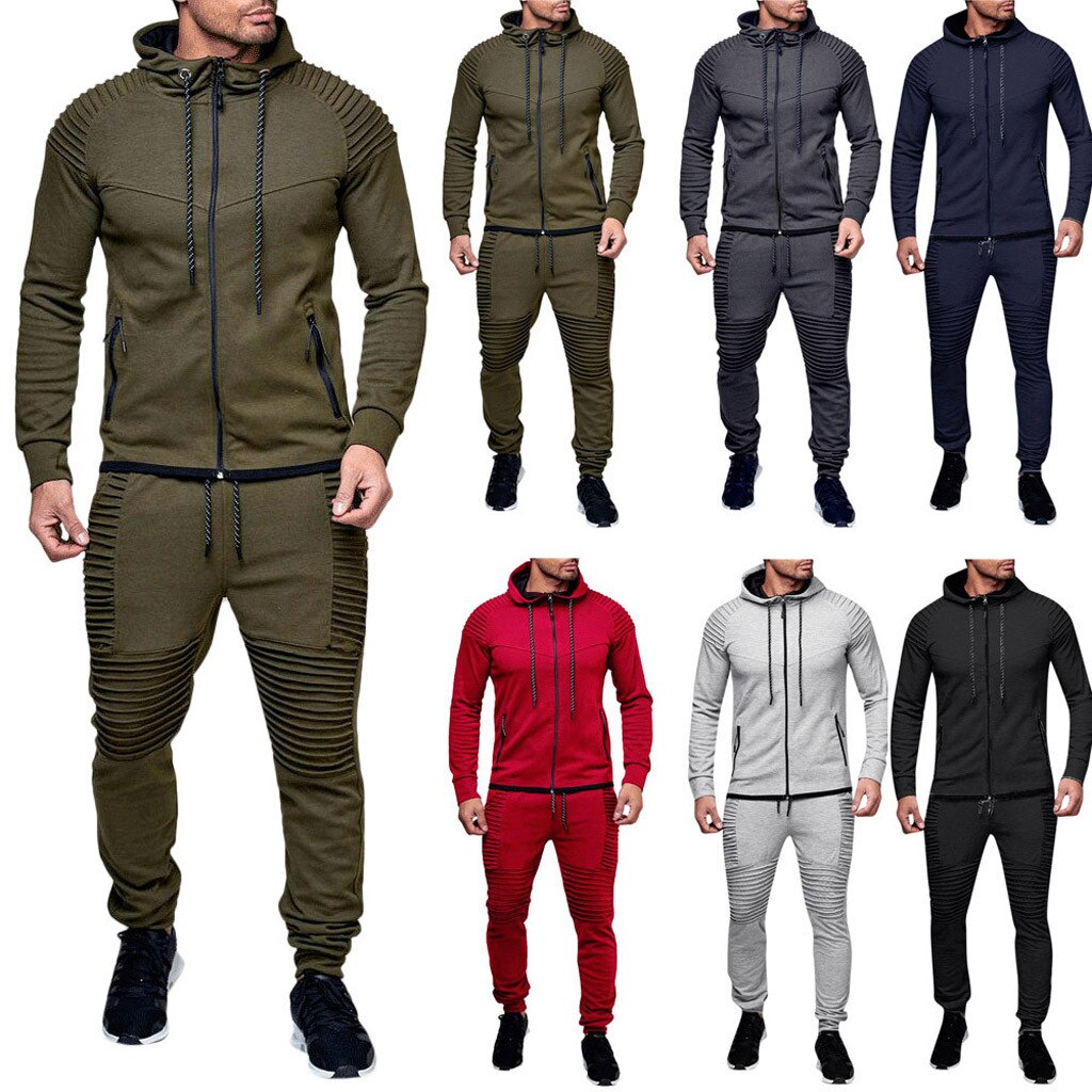 Mannen Herfst Workout Jogging Pocket Sweater Top Broek Sets Sport Pak Trainingspak Sportkleding Suits Gym Panty Training Kleding