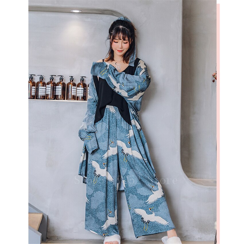 Ukiyo-e-Kimono japonés para mujer, traje de pijama de grulla Vinatge Yukata, abrigo + Top + Pantalones, ropa asiática Haori Samurai Harajuku, 3 uds.