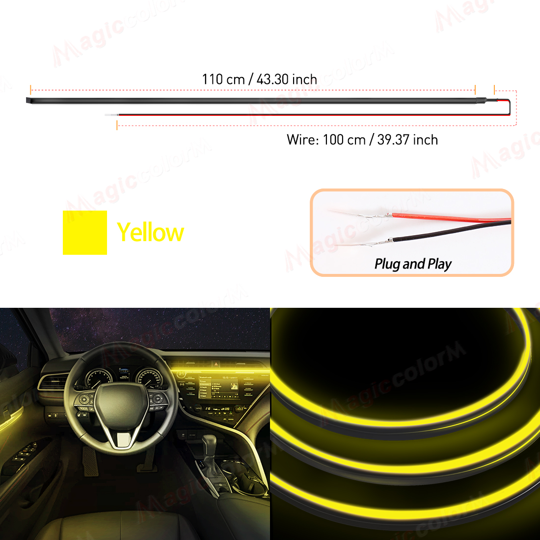 EL Wire Car LED Ambient Light Car Interior Decorative Lamp For Universal DIY Flexible Hidden Cuttable Colour Acrylic Strip 110cm: 4300K White Yellow