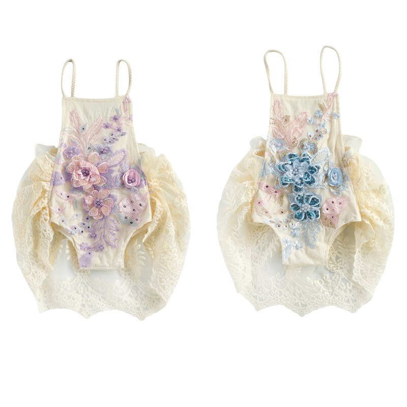 0-24m Baby-mädchen-jungen-strampler, einteilig, mit blumenmuster, spitze, perlenprint, ärmellos, rüschen