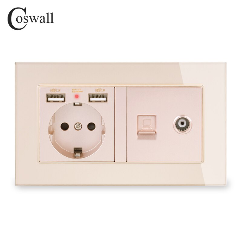COSWALL Russia Spain EU Standard Wall Socket 2 USB Charge Port + Female TV Connector With CAT5E RJ45 Internet Jack Glass Panel: Gold