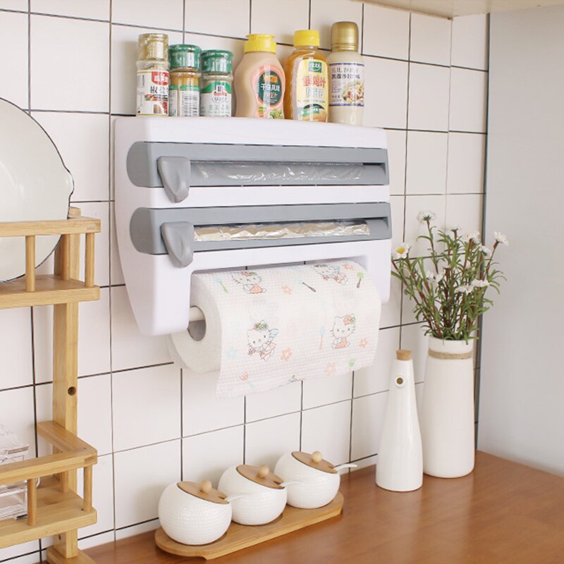 Organizer for Kitchen 4 in1 Wall-Mount Paper Towel Holder Sauce Bottle Storage Film Cutter Tin Foil Rack Kitchen Organization